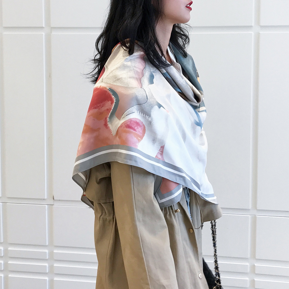 Foulard carré 130 soie pour femme, châle, Bandana, peinture à l'huile, fleurs peintes à la main, Design de mode, 100% cm