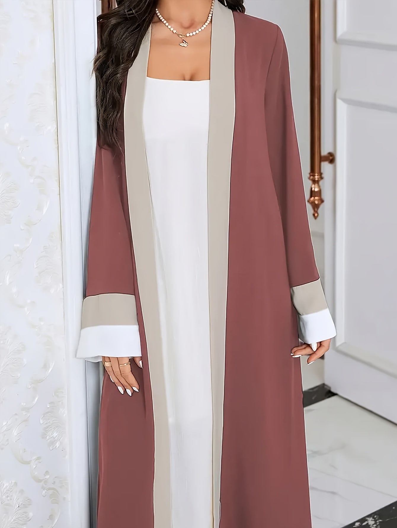 Robe longue décontractée pour femme Ramadan 2026, élégante robe extra longue ajustée à manches longues et à contraste de couleurs, Vêtements pour femme 1