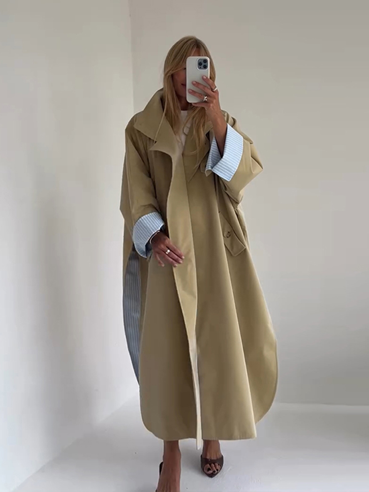 Manteau long décontracté uni pour femme, coupe ample, manches longues, à simple boutonnage, col montant, style patchwork, veste d'automne 2026 pour femme.