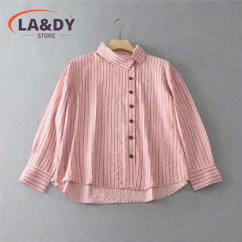 Chemisier Femme 2026 Nouvelle Collection Printemps Rayé Col Montant Décontracté Manches Longues Boutonné Coupe Ample