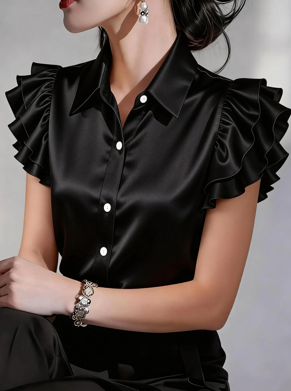 Chemisier en satin à volants et manches courtes pour femme, col chemise, boutonné