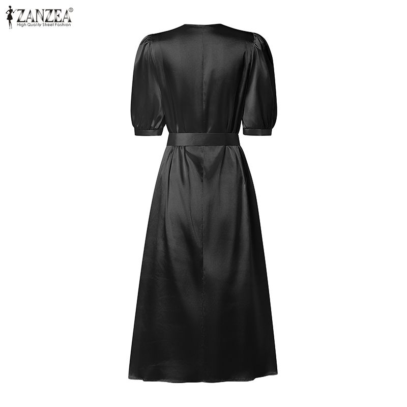 ZANZEA – robe mi-longue en satin soyeux pour femmes, élégante, col en v, manches courtes bouffantes, ceinture, coupe trapèze, robe de Cocktail gracieuse