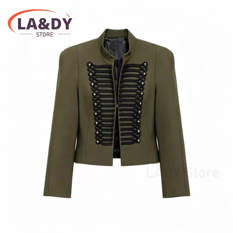 Blazer court élégant noir vintage pour femme avec épaulettes rembourrées, collection Printemps-Automne 2026