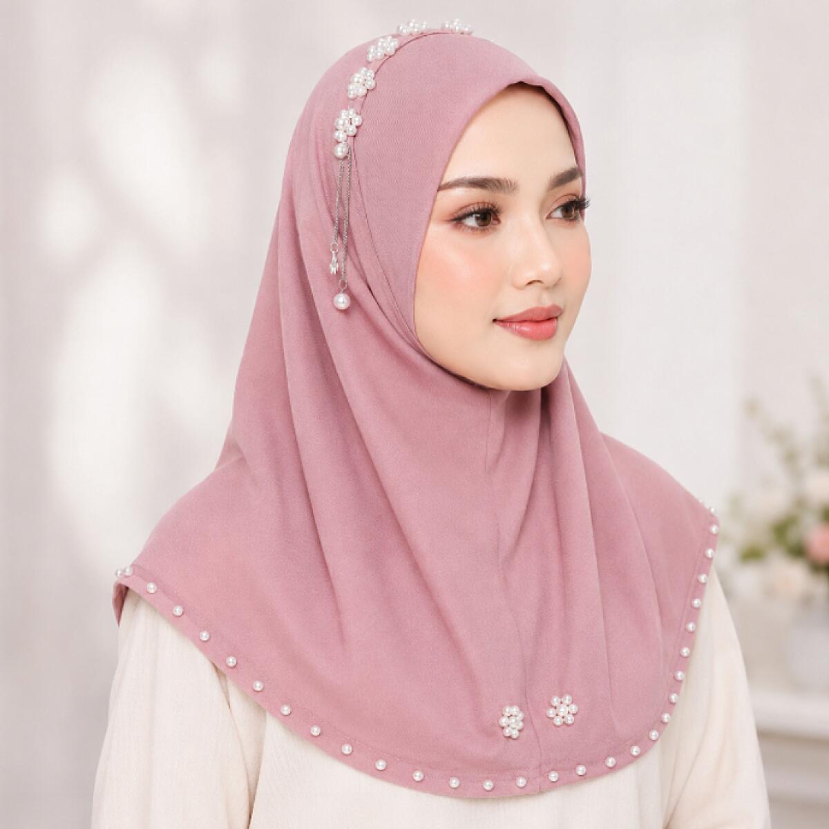 Hijab instantané en crêpe perlé et cristal, doux et élégant, pour femmes musulmanes, facile à porter, idéal pour la prière et les occasions spéciales (Raya).