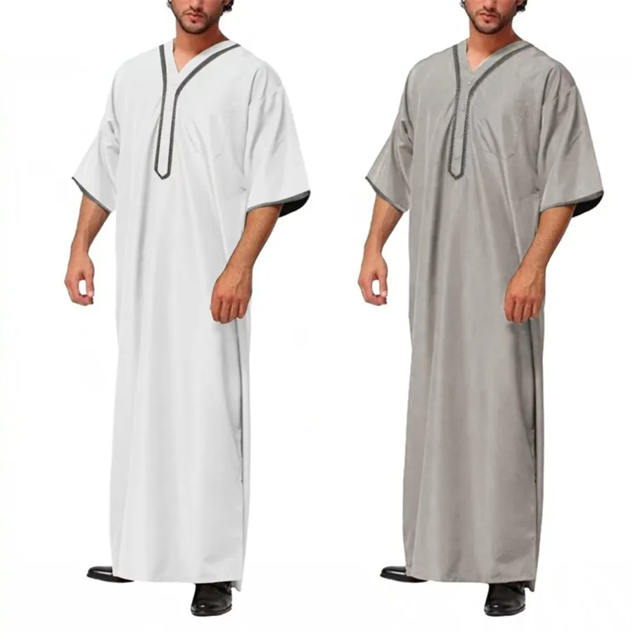 Hommes musulmans Jubba Thobe couleur unie bouton Kimono Robe moyenne Saoudien Musulman chemise col montant islamique arabe caftan hommes Abaya