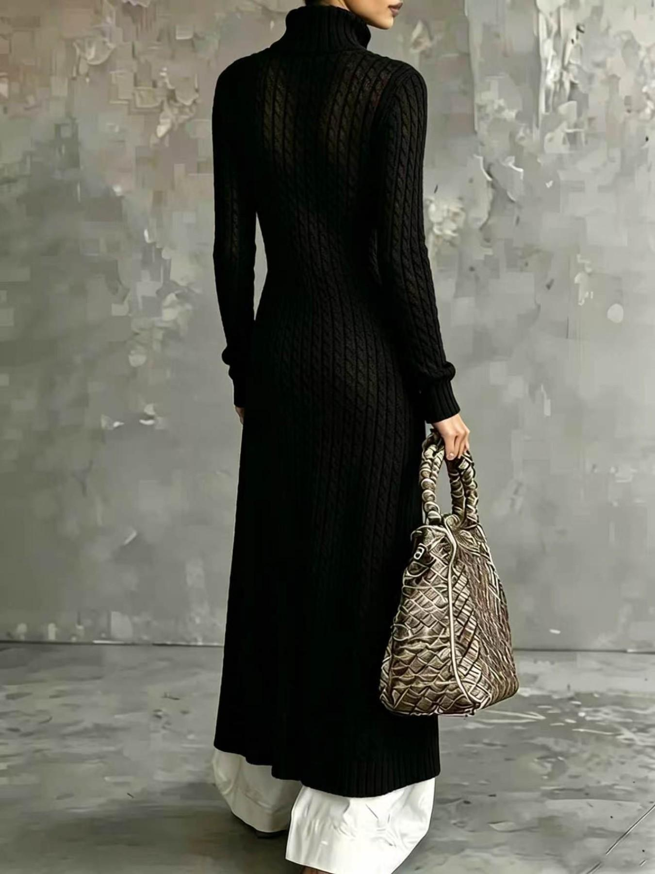 Cardigan long noir en tricot pour femme, automne-hiver 2026, col haut, ouvert sur le devant, pull ample en maille torsadée, manteau décontracté.