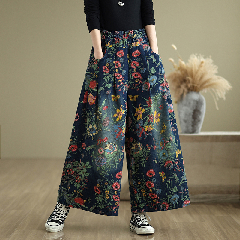 Jean à jambes larges imprimé ethnique et rétro pour femme, nouveau Style, taille élastique, coupe ample, pantalon en Denim polyvalent, décontracté, automne hiver