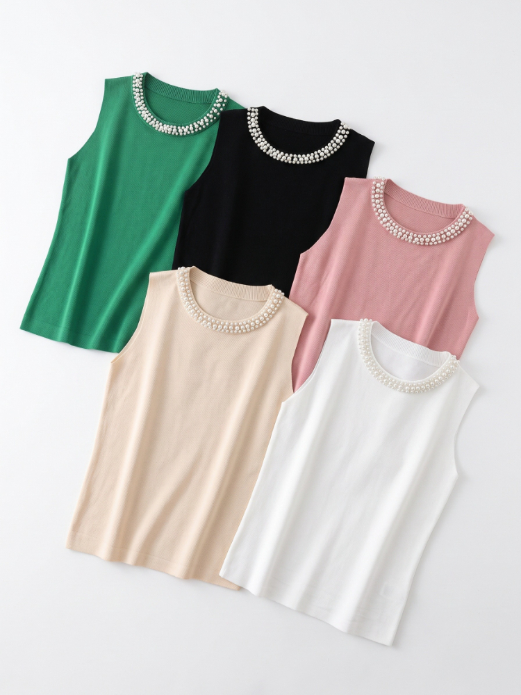 Débardeur Femme Coréen en Tricot, Gilets Solides, Blusas Mujer De Moda, Nouvelle Mode Été 2026, Tops Décontractés Fins Sans Manches avec Perles