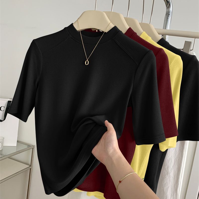 Haut à manches mi-longues pour femme, printemps-automne, col montant, coupe ajustée, nouveau t-shirt polyvalent, vêtement décontracté et tendance