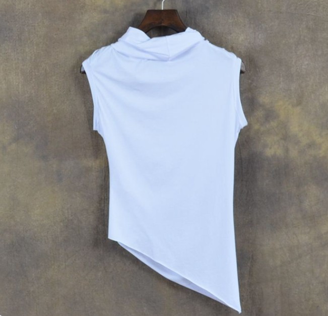 T-shirt à col à poils pour homme, slim, décontracté, à la mode, sans manches, irrégulier, pour coiffeur, pour boîte de nuit, nouvelle collection