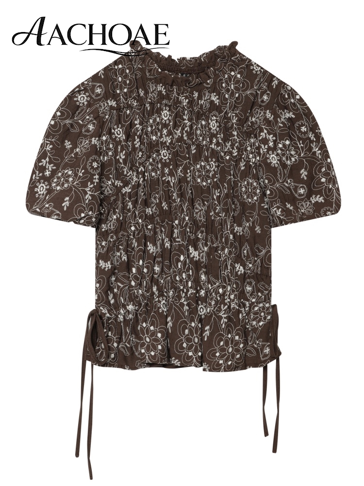AACHOAE Blouse en coton brodée florale pour femme, haut à manches bouffantes et basque, chemise bohème vintage brodée, coupe ample décontractée pour l'été