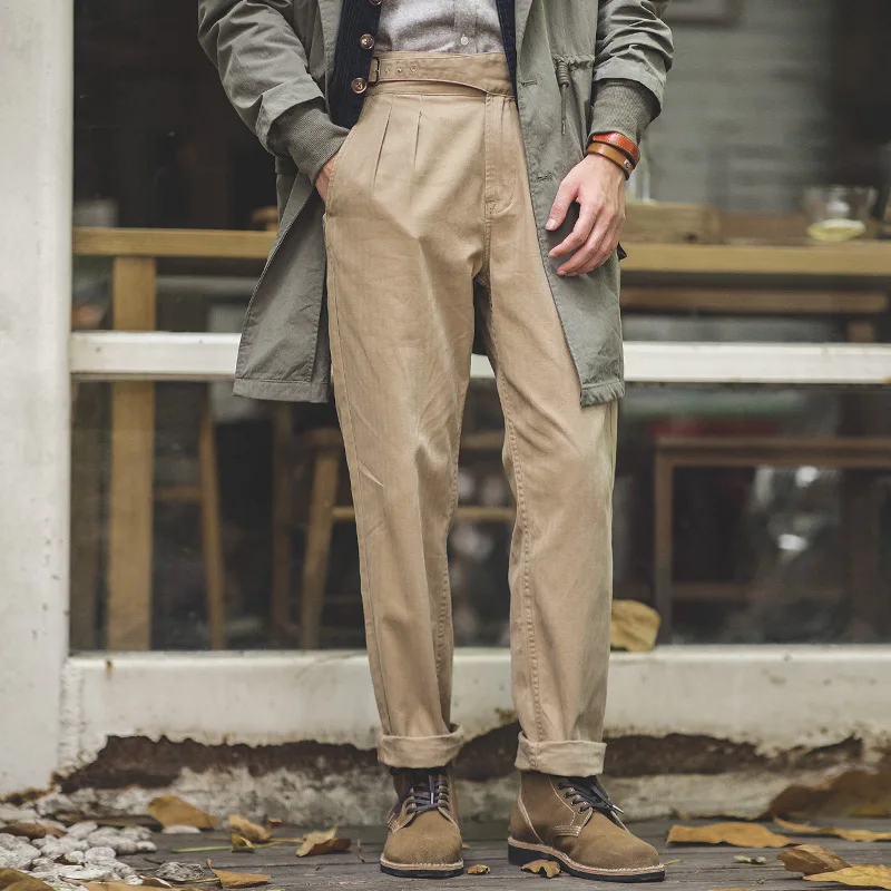 Maden Vintage kaki Gurkha pantalon réglable taille haute décontractée Cargo pantalon de travail classique pantalon droit hommes printemps et automne