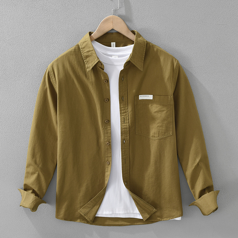 Chemise en pur coton à manches longues pour hommes, col boutonné, solide, décontracté, lourd, robe, poche