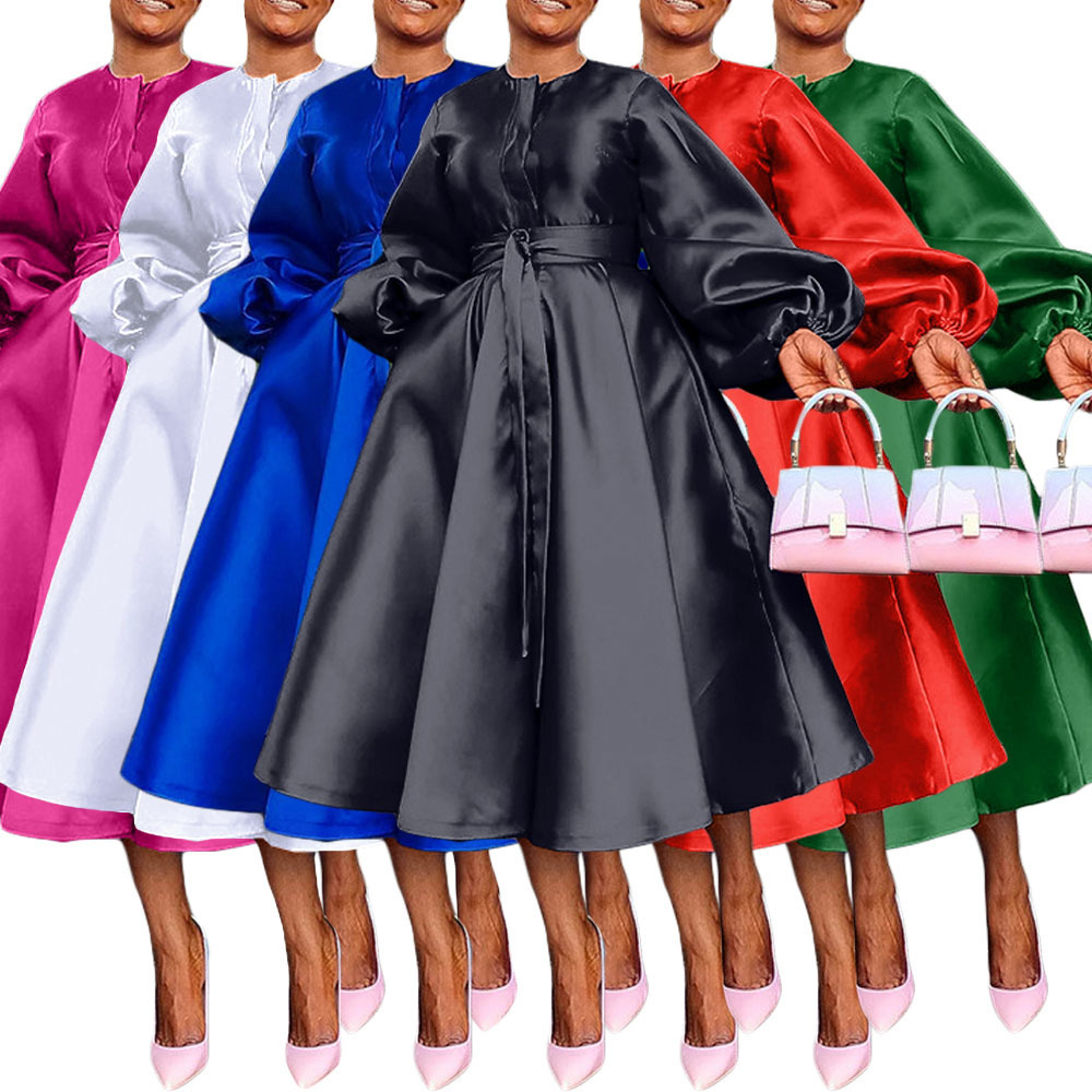 Robe Vintage Chic pour Femme, Style Swing, Manches Longues Lanterne, Ceinturée, Boutonnée, Élégante, en Satin Fluide, Coupe Maxi, A-Line ou Midi, pour Cérémonie et Soirée