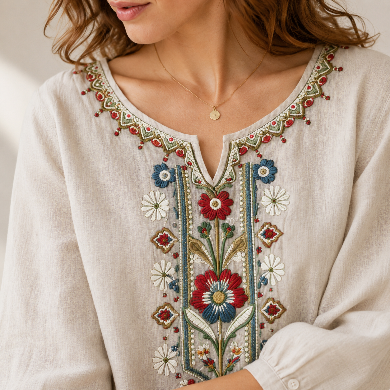 Chemisier Bohème Brodé pour Femme, Manches 3/4, Col en V Fendu, Tunique Florale Décontractée Ample, Chemise d'Été