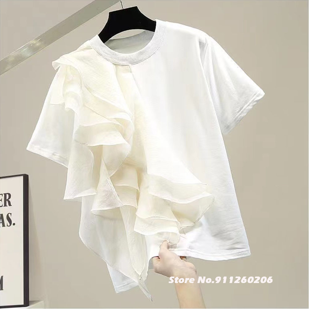 T-shirt manches courtes col rond femme, blanc, à volants, patchwork, décontracté, à la mode, nouvelle collection été 2022