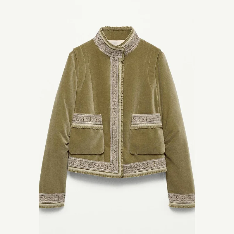 Vintage Patch poche veste dentelle Chic à la mode rétro Designers vêtements de dessus pour femmes femmes automne Boho chaud Streetwear