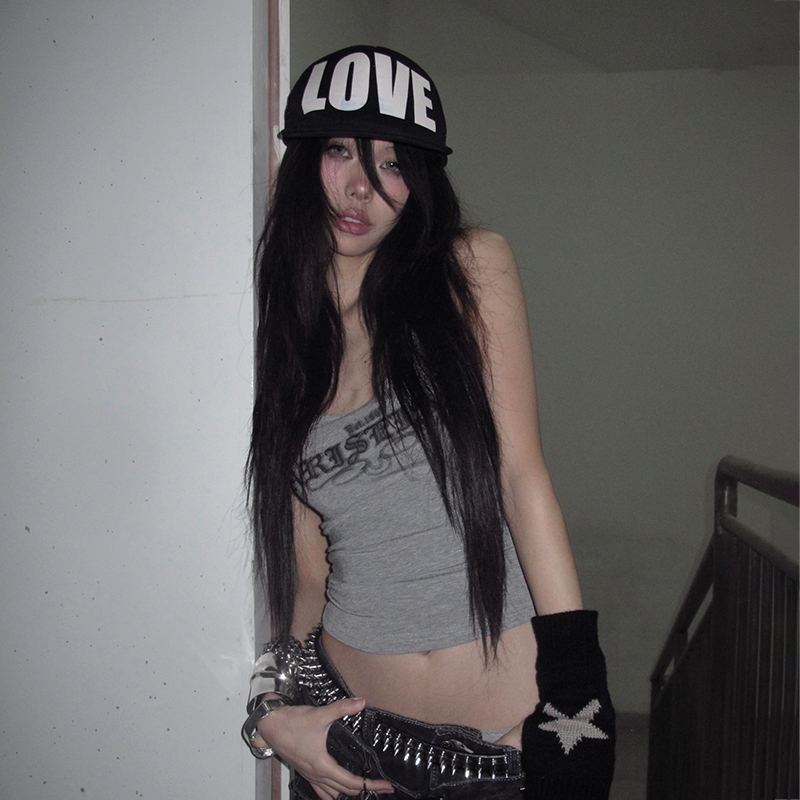 Karrcat Trashy 2000s lettre impression débardeur japonais Y2k gris Camis hauts Grunge esthétique sans manches culture hauts américain rétro