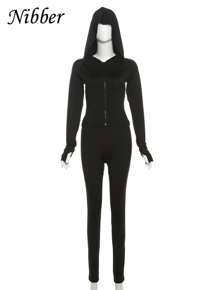 Nibber Sportif Casual 2 Pièce Ensemble Femmes Survêtement À Capuchon Zip Crop Tops + Leggings Fitness Doux Stretch Streetwear Activité costume