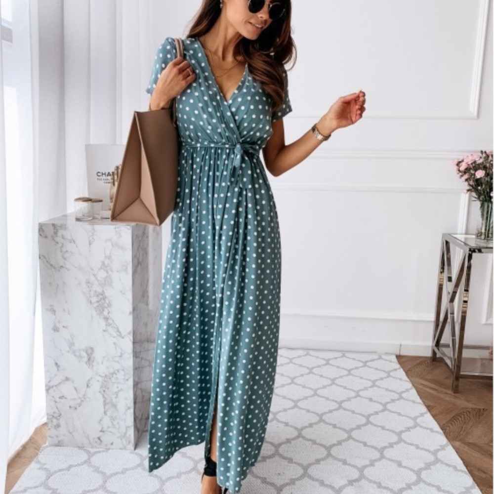 Robes Bohèmes d'Été 2026 pour Femmes – Vestidos Slim à Manches Courtes, Col en V, Lacets et Fentes, à Pois