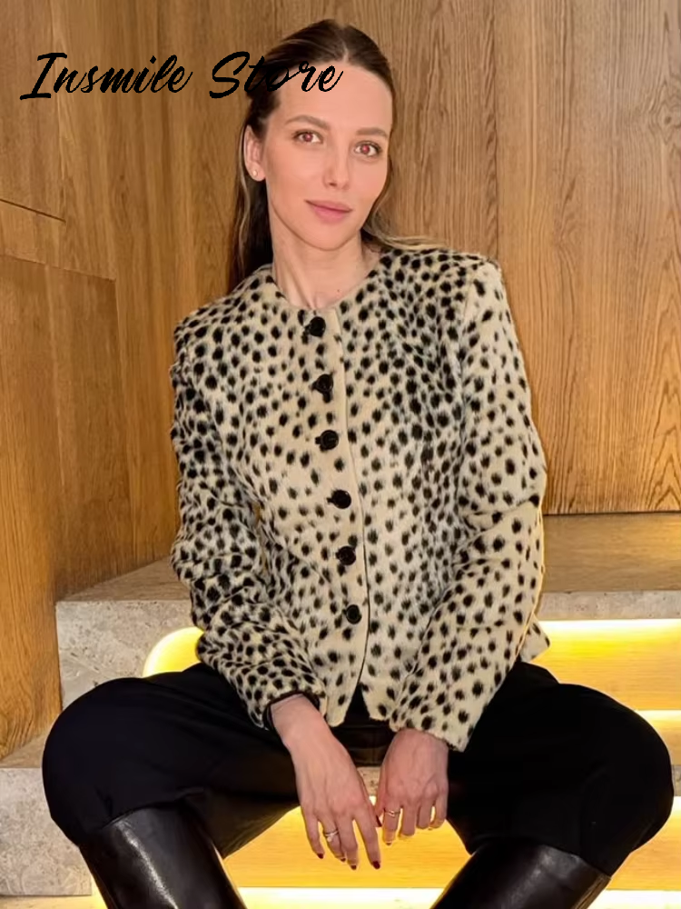 Veste courte à imprimé léopard tendance pour femmes, coupe ajustée, col rond, manches longues, veste à simple boutonnage, automne 2026, vêtement vintage pour femme, nouveauté.