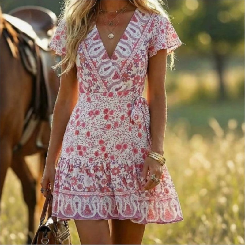 Robe Courte Plissée Vintage Bohème Imprimée pour Femme, Col en V, Manches Courtes, Taille Haute, Idéale pour les Vacances Décontractées – Collection Été 2026