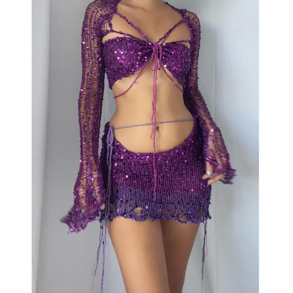 Ensemble de robes pull trois pièces pour femmes, robe évidée, haut court à manches longues, soutien-gorge et jupes, paillettes de fête