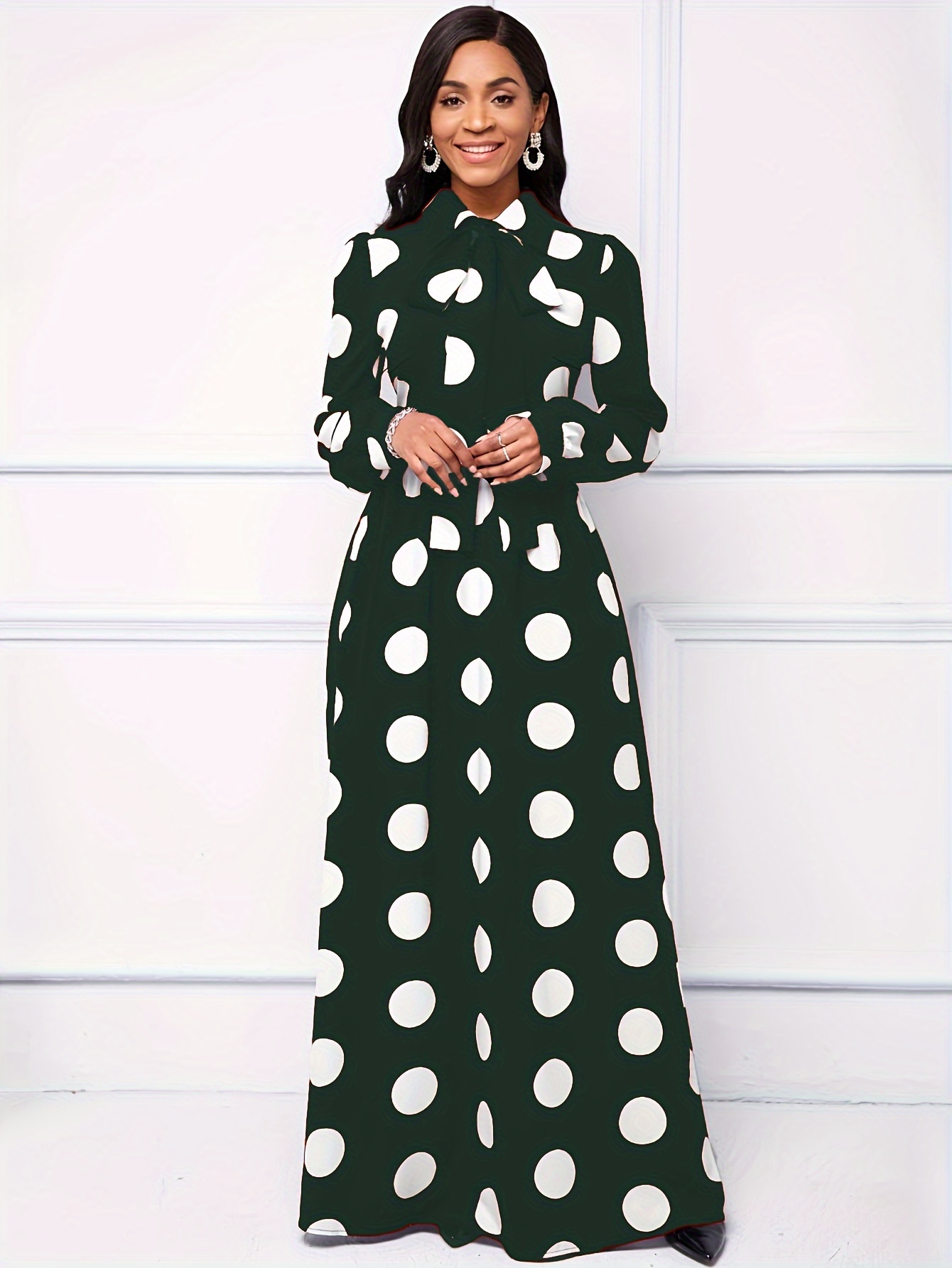 Robe maxi à manches longues pour femmes, robes décontractées pour femmes, robe élégante pour filles, nœud papillon, pois, éducatif