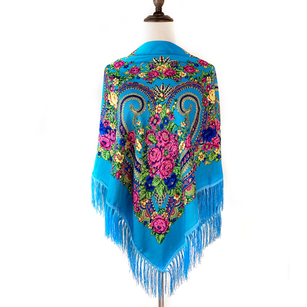 Écharpe carrée nationale russe 135*135cm, motif floral rétro, châle ukrainien à franges, foulard babouchka, couvre-chef