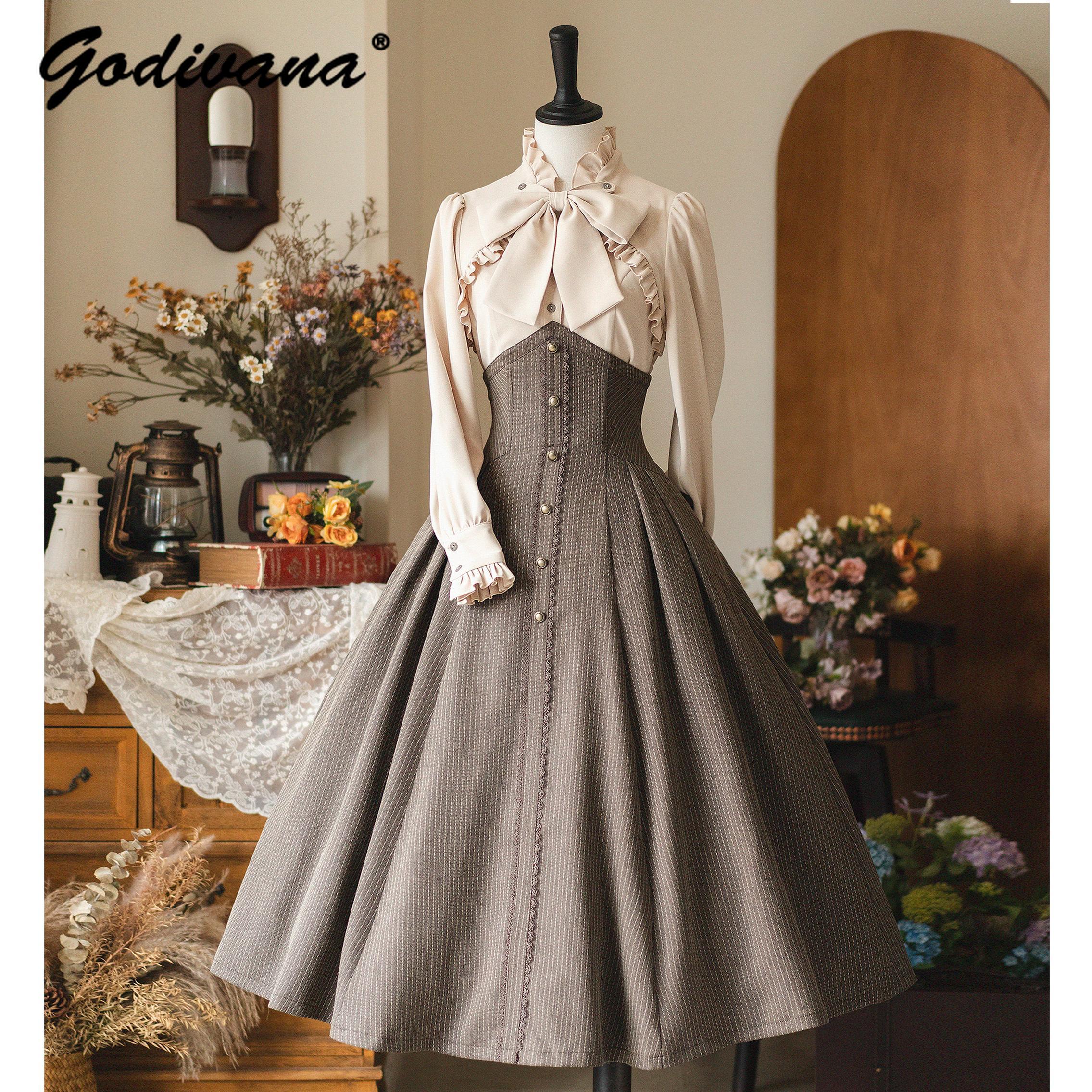 Ensemble jupe rétro Original pour femmes, nouvelle collection printemps, col montant, chemise à manches longues, petit manteau Cape, jupe longue classique élégante
