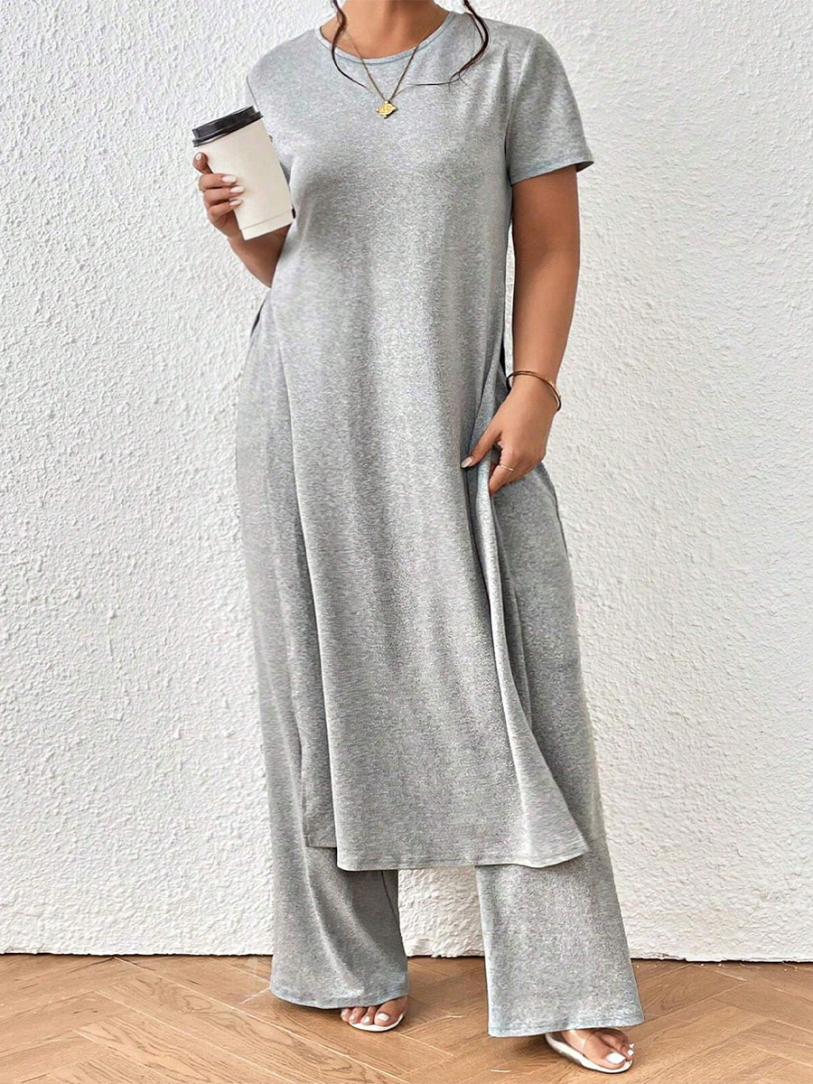 Costume de travail élégant grande taille printemps-été, pull ample à taille décontractée, col rond, manches courtes, couleur unie