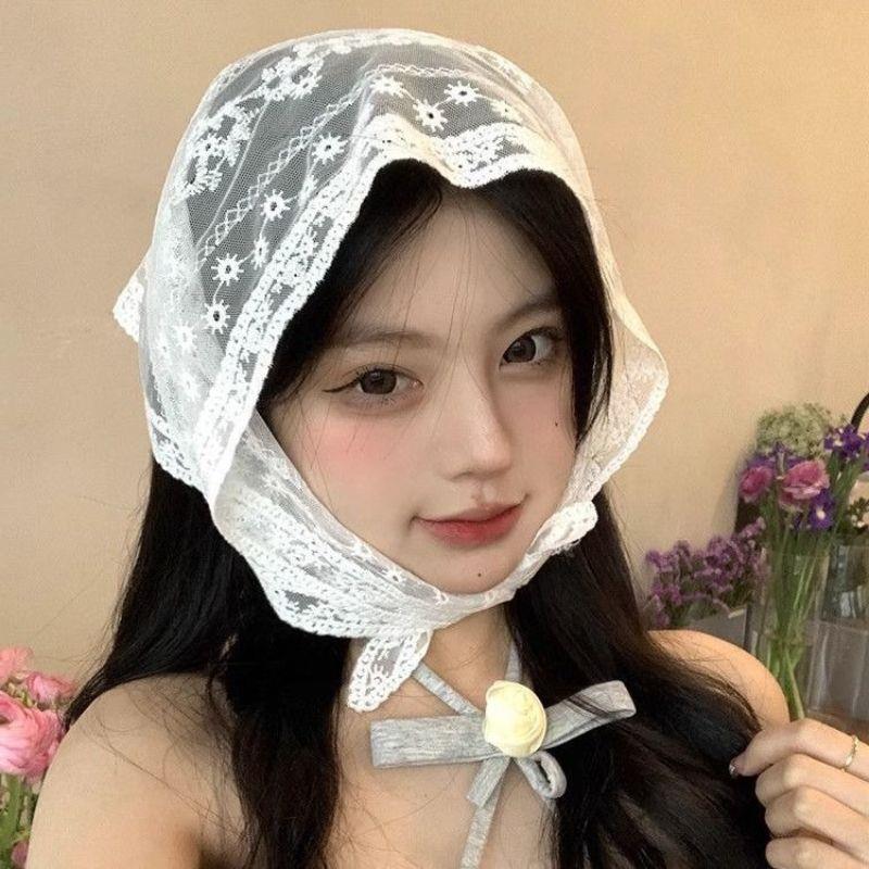 Écharpe en dentelle florale tissée blanche pour femmes, enveloppes de cheveux, écharpe de sauna triangle rétro, chapeau, bande de sauna photo de voyage, accessoires pour cheveux Ins, nouveau