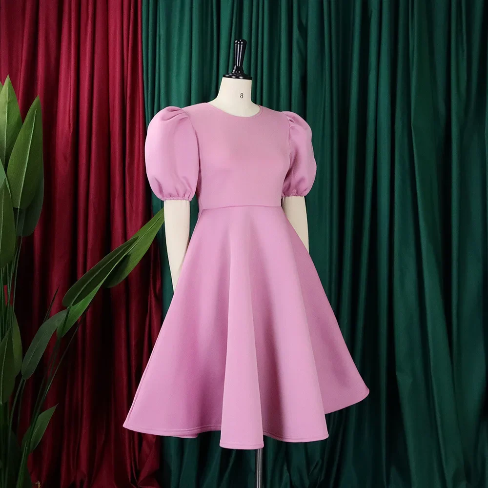 Robes élégantes pour femmes, col rond, manches courtes, taille haute plissée, mi-mollet, luxe féminin, fête d'anniversaire, robe éducative, 2024