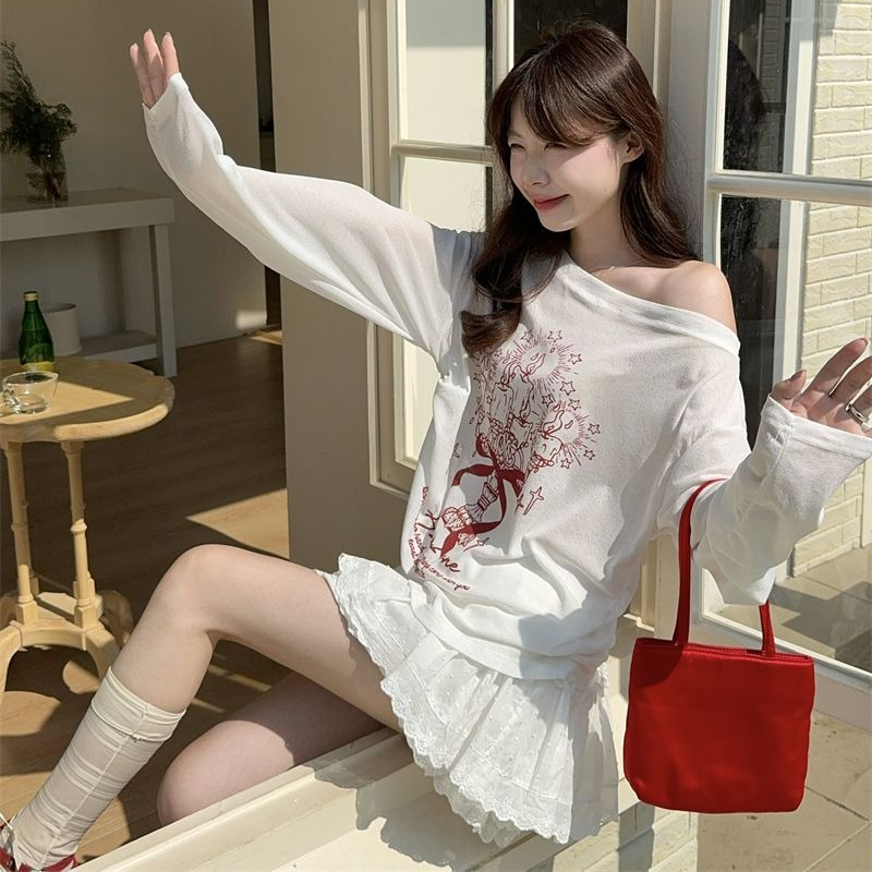 Mode coréenne t-shirts graphiques légèrement Transparent T-shirt femmes vêtements à manches longues T-shirt ample Streetwear printemps hauts
