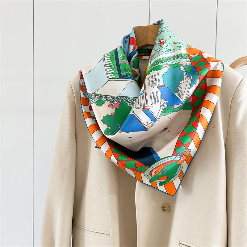 Foulard en soie imprimé cheval 90CM, châles en sergé faits à la main, bords roulés à la main, Bandanas, accessoires de tête pour femmes, décorations de sac de cheveux
