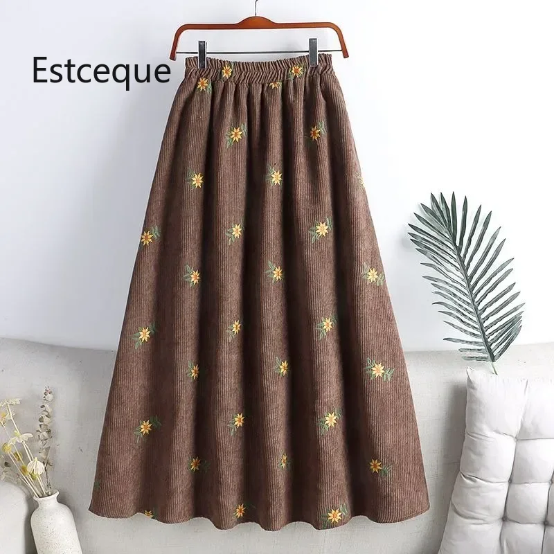 Jupes en velours côtelé brodées pour femmes, nouvelle collection automne-hiver, jupes florales à taille haute, amincissantes, mi-mollet pour femme