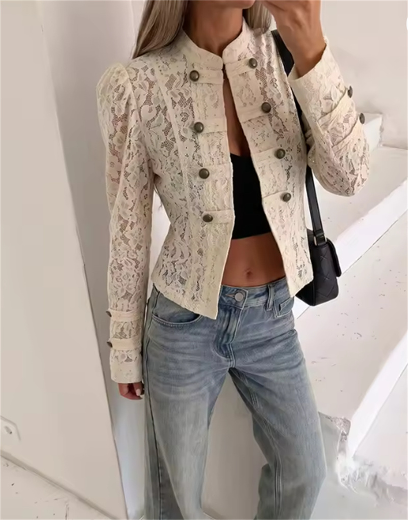 Veste Femme Guobioziy Nouvelle Collection Automne 2026 Jaune Clair Manches Longues Dentelle Boutons Décoratifs Coupe Slim Élégante