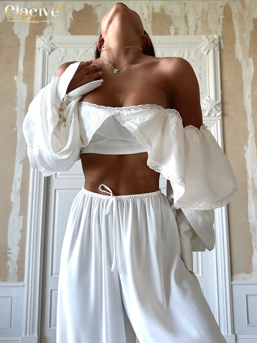 Clacive Sexy mince blanc femmes haut 2025 mode col carré à manches longues haut court élégant classique solide hauts vêtements féminins
