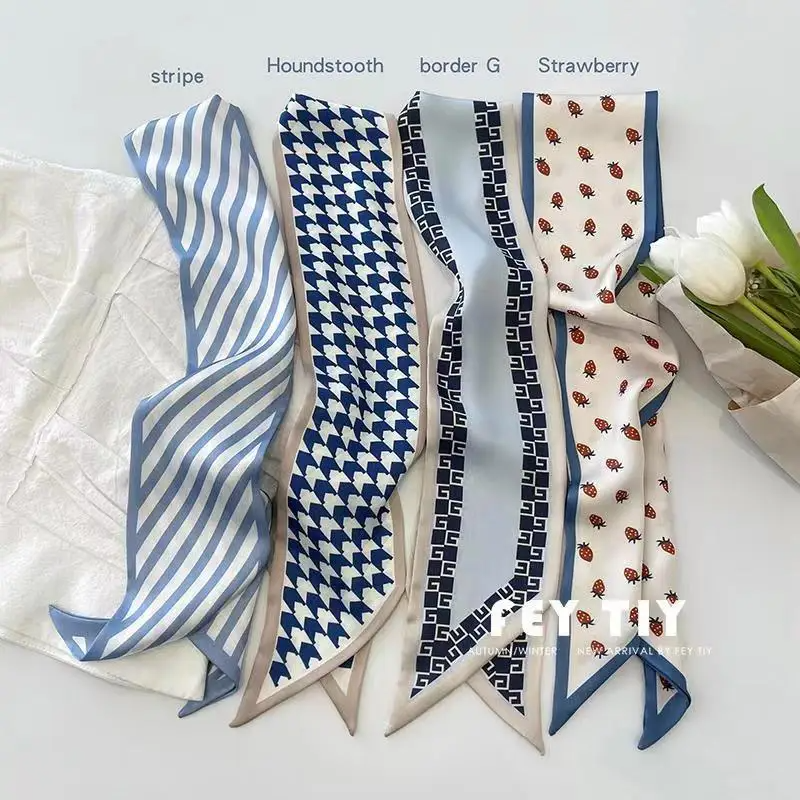 Ensemble série foulard en Satin de soie pour femmes, bandes de cheveux en tissu, accessoires de coiffure, foulards pour dames, attaches de cou en ruban pour poignée de sac/4 pièces
