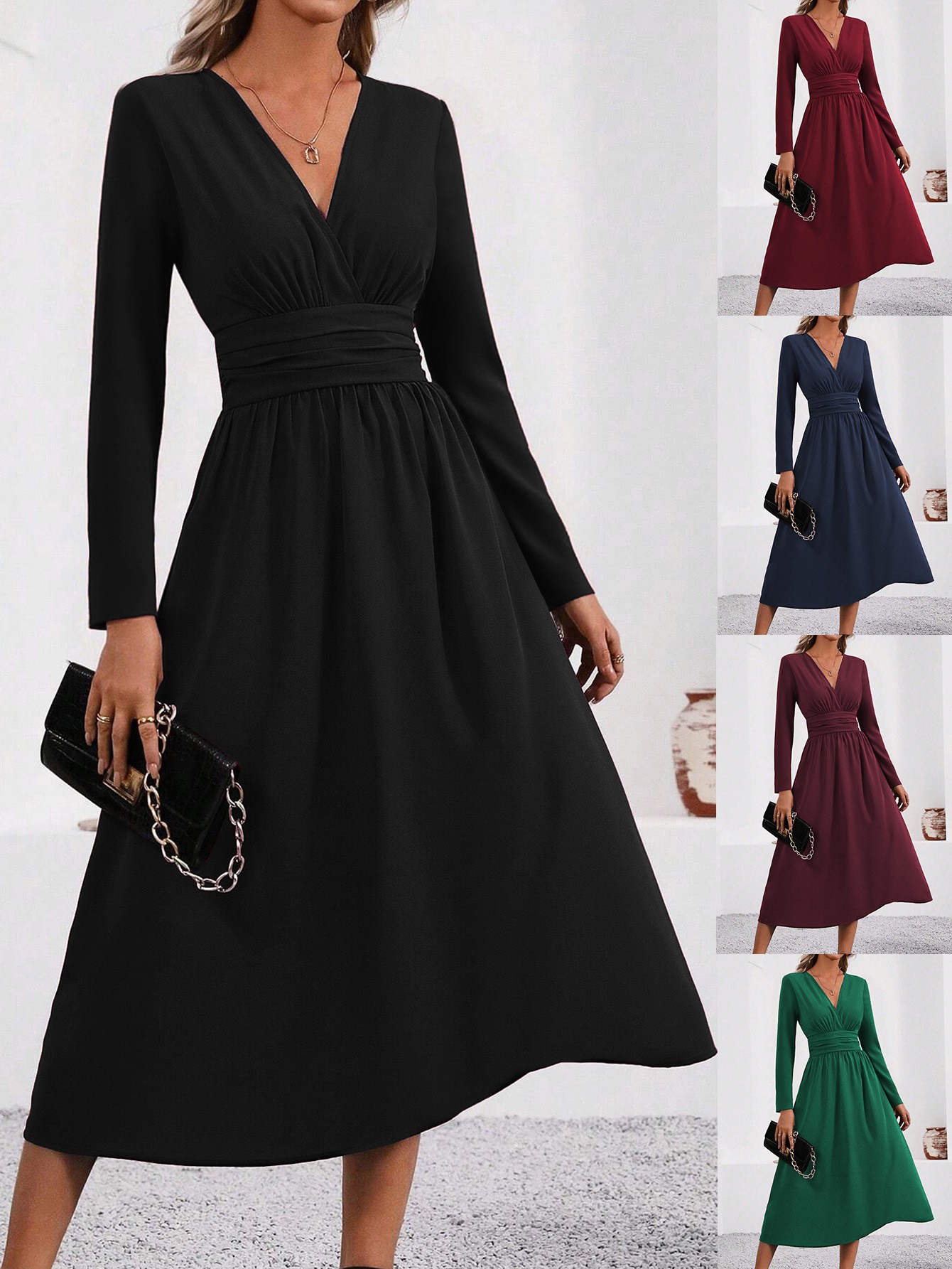 Robe élégante en tricot de couleur unie pour femmes, automne-hiver 2021, col en v, manches longues avec taille froncée, moulante, longue robe Maxi