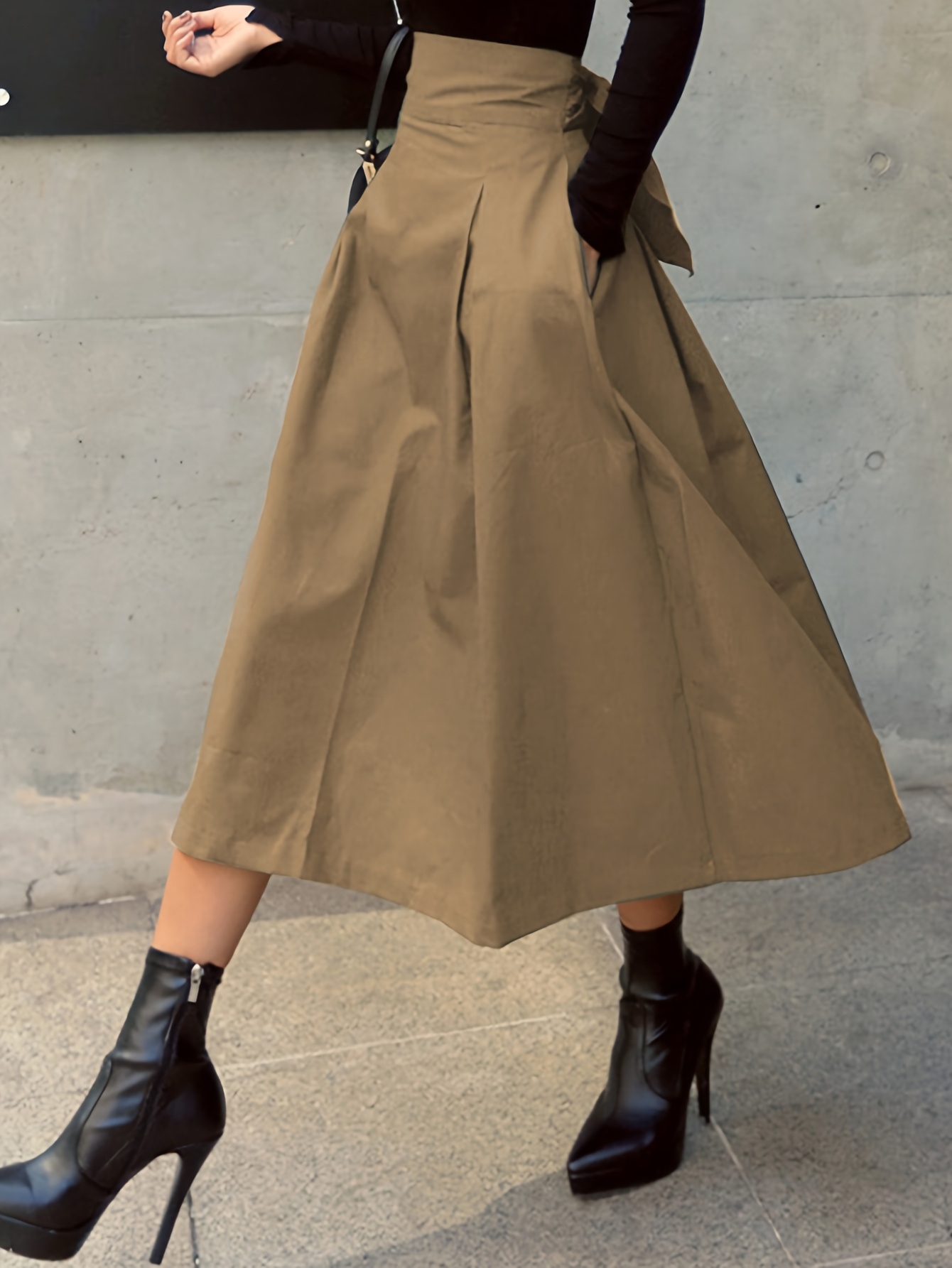 Jupes trapèze élégantes et solides pour femmes, Style scolaire Preppy, taille haute élastique, longue avec nœud, vêtements pour femmes