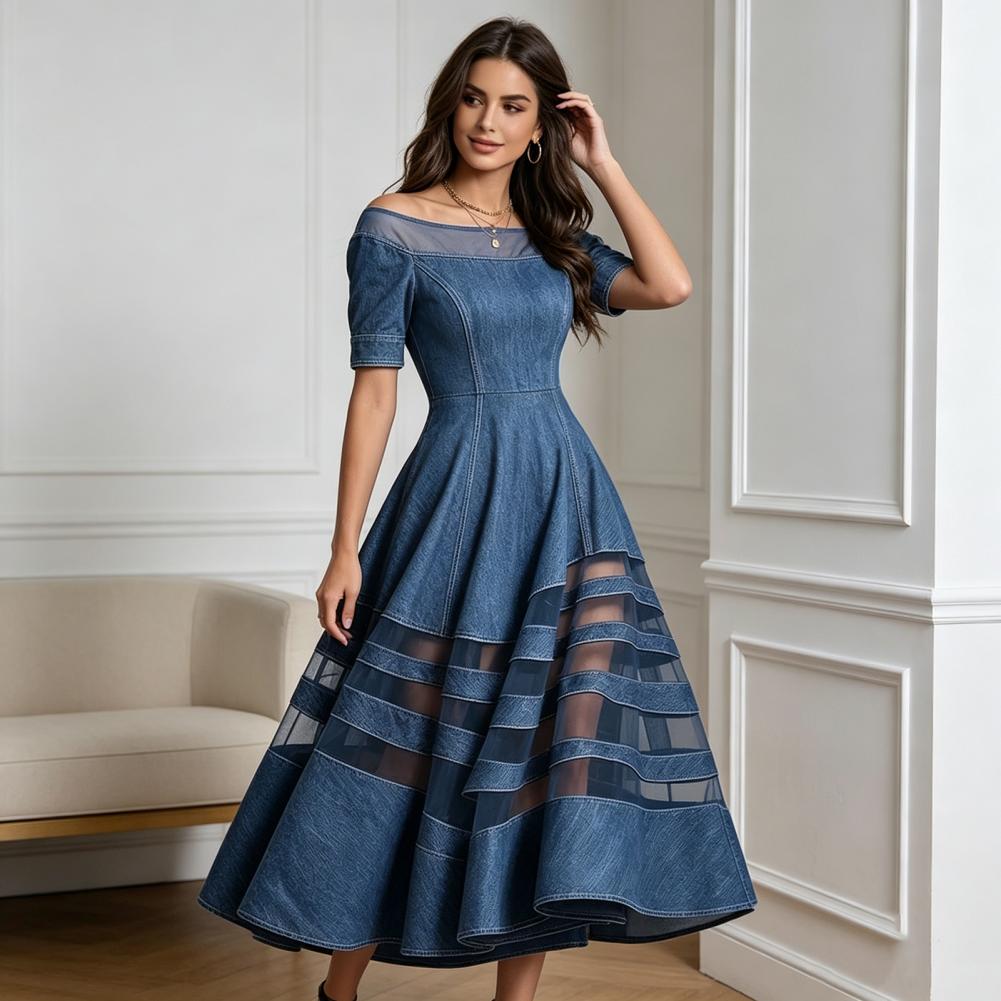 Robe en jean tendance pour femme, épaules dénudées, patchwork en maille, manches courtes, coupe trapèze évasée, longue, pour l'été, les voyages et les vacances