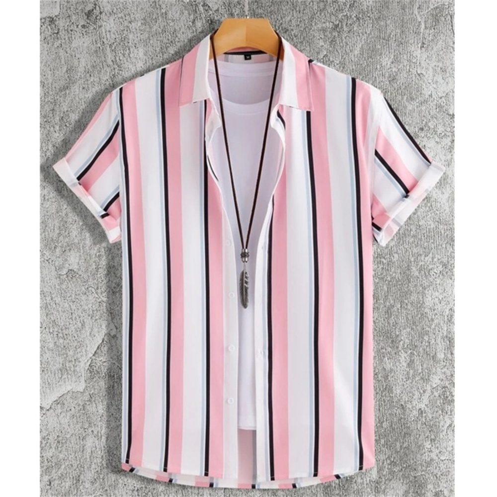 Chemises Hawaïennes pour Hommes Imprimé Rayé 3D Manches Courtes Été Décontracté Ample Tendance Simple Vêtements Homme Grande Taille