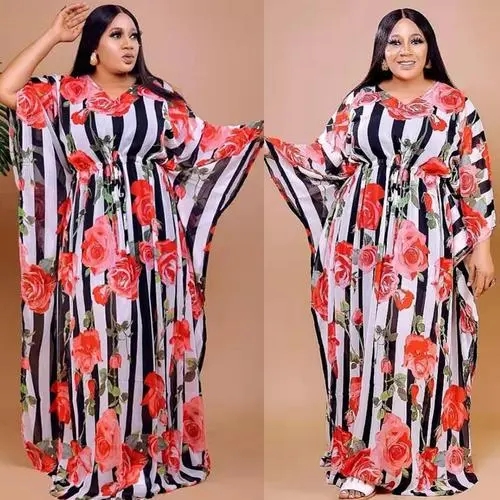 Bobo robes africaines pour femmes col en v à manches longues Maxi Femme robes caftan fleurs imprimer rayure été conception Robe robes