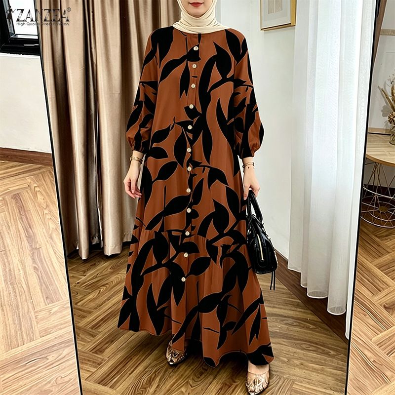 Robe Abaya musulmane imprimée bohème pour femmes, robes longues ZANZEA, kaftan à manches lanternes, boutons, Vestidos Robe Femme