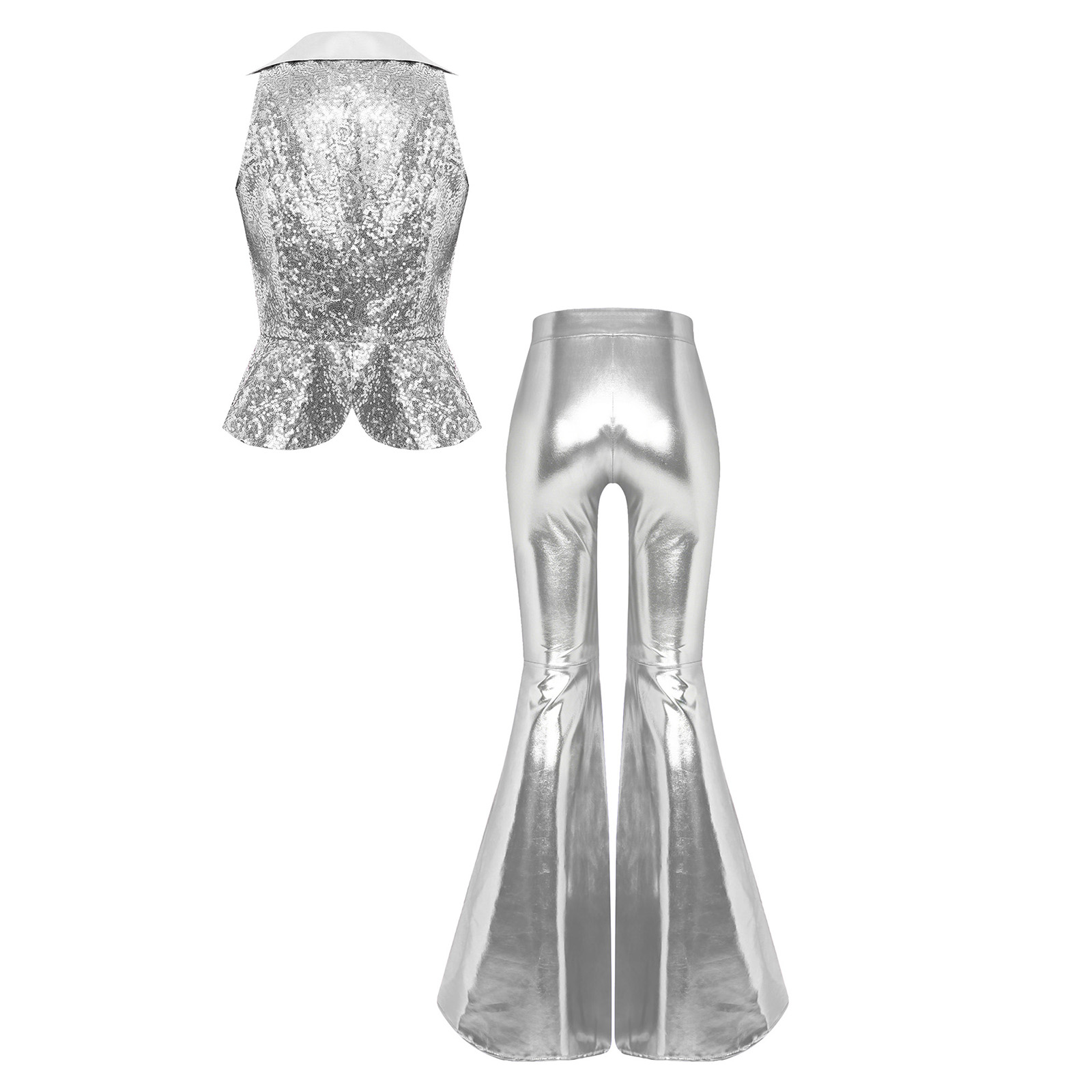 Tenue de soirée pour femmes, style festival, rave, années 70, 80, costume disco, ensemble pantalon, veste à revers, sequins, hauts, pantalons évasés, costumes