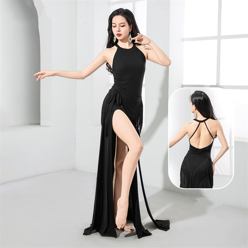 Vêtements de danse arabes Sexy pour femmes, une pièce élégante, robe longue en Modal, fente latérale, vêtements de spectacle de danseuse avec frange, écharpe de hanche