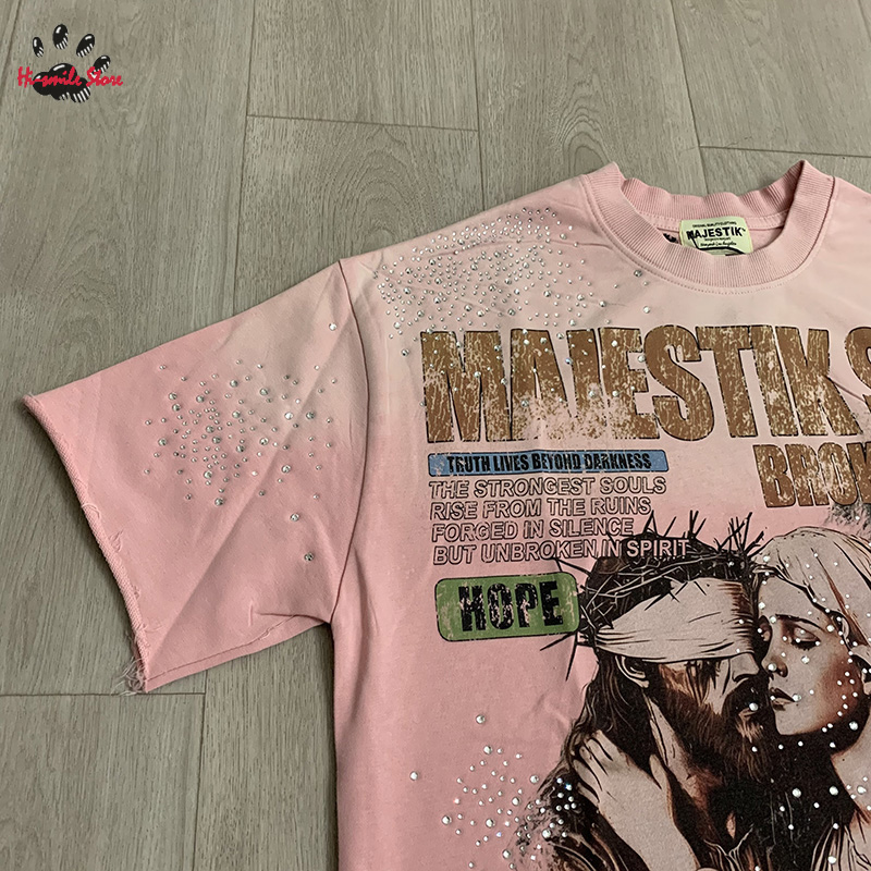 T-shirt MAJESTIK en coton pour homme et femme, style streetwear, avec logo en strass, de qualité supérieure, vintage, à manches courtes, hip-hop, surdimensionné