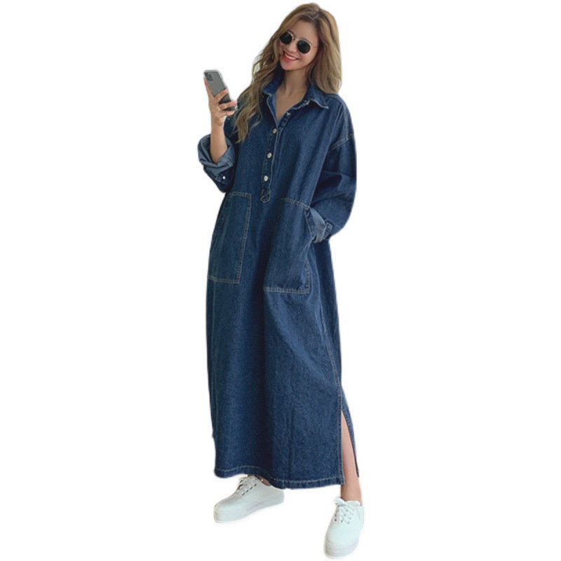 Robe longue en Denim pour femmes, col rabattu, ligne A, Maxi maman, jean, Streetwear, décontracté, ample, Y2k, fête, été 2025
