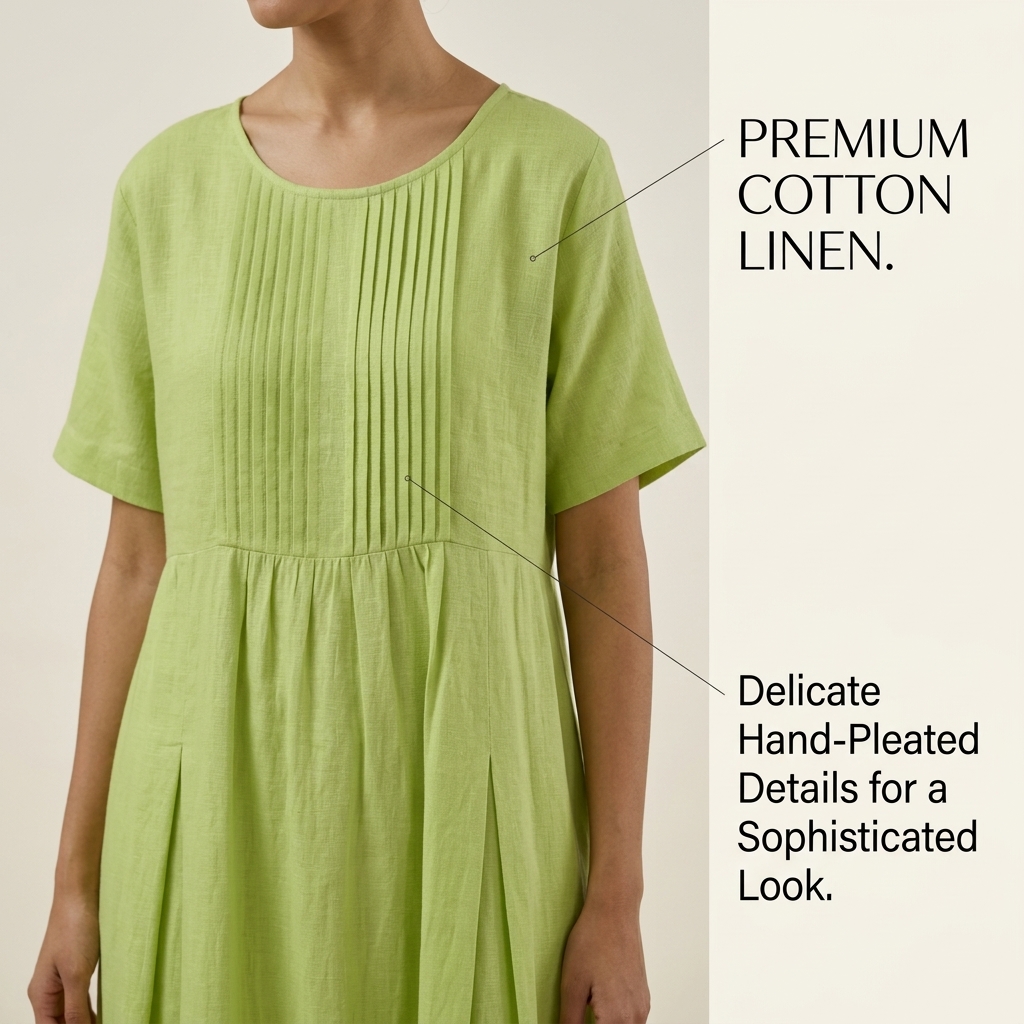 Robe en coton et lin pour femmes, plissée, couleur unie, manches courtes, décontractée, mi-longue, style pull-over.